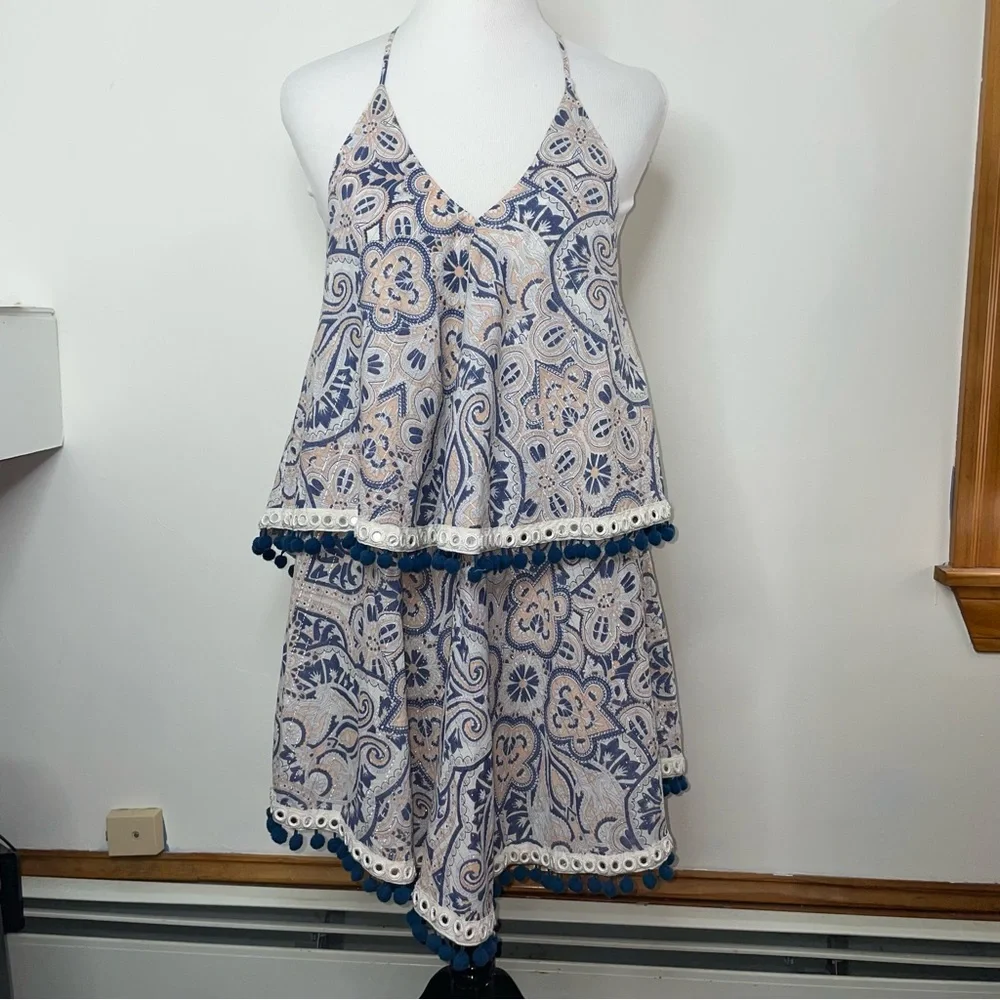 Tularosa Evolette Blue & White Paisley Pom-Pom Metallic Thread Mini Dress Size M - Picture 3 of 16